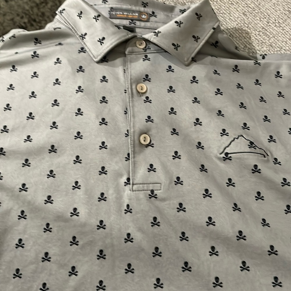 Mens Peter Millar Golf Polo, Size L, Grey with black Jolly Roger’s